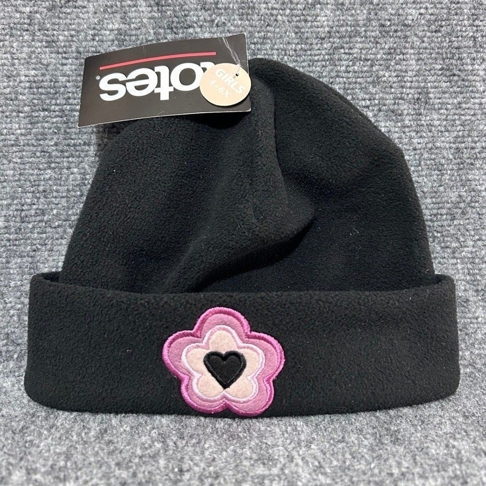 Totes Girls Black Fleece Beanie Hat Pink Flower Heart Embroidery Size 4-6X NWT